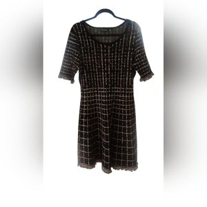 Nina Leonard Black Dress White Plaid Knit Sweater A-Line Fit & Flare Career Sz L